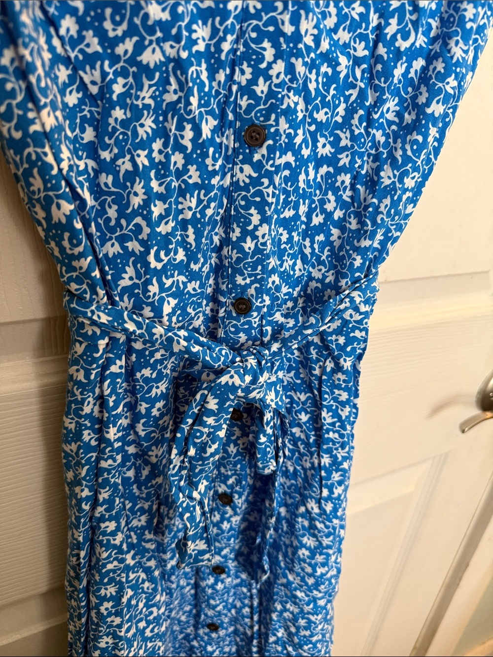 LOFT Blue Floral Button-Down Midi Dress with Waist Tie - Picture 3 of 3